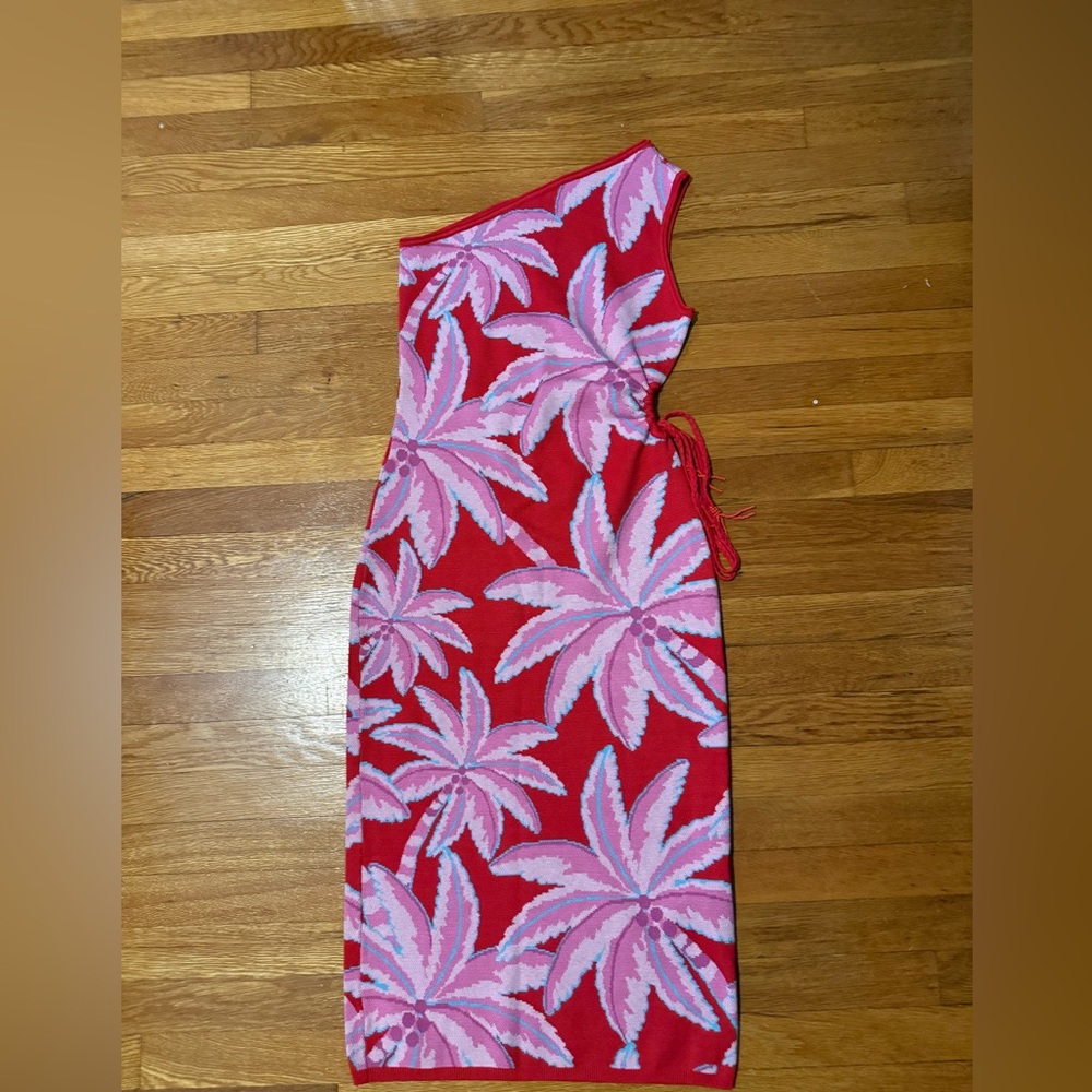 FARM Rio Red One-Shoulder Tropical Palm Maxi Dress with Pink Print - Picture 6 of 11